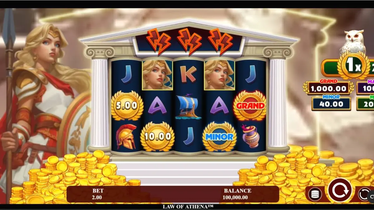 Pemandangan visual slot Law of Athena dengan simbol-simbol mitologi Yunani yang berkilau.
