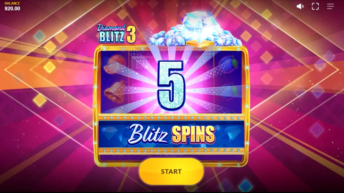 Tampilan visual slot Diamond Blitz 3 dengan simbol permata dan latar belakang emas yang mewah